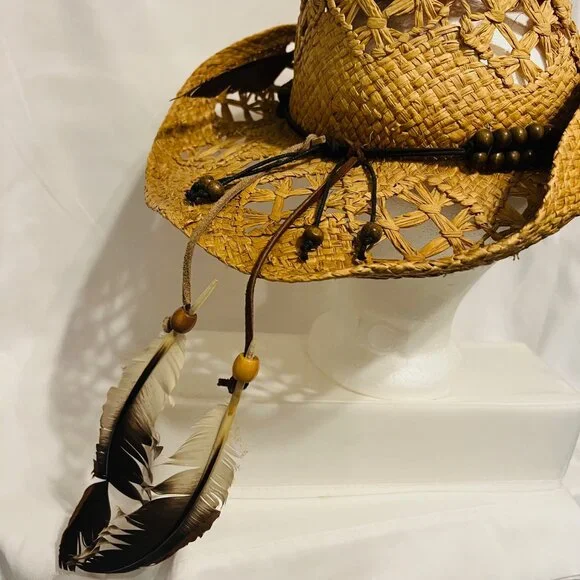 NWT Peter Grimm Brown Crochet Straw Cowboy Hat with Beaded Band Peter Grimm Straw Cowboy Hat-Brown Beaded/Feathers-Country  main image 3
